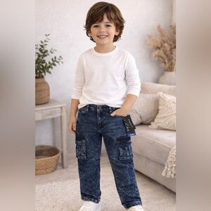 Kenneth Cole Boys Cargo Jeans Size 5 Athletic Fit Stretch Dark Wash NWT